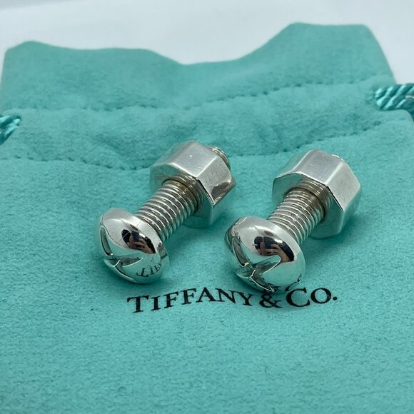Tiffany & Co Silver Nut Bolt Cufflinks Cuff Link Links w/ Pouch - Picture 2 of 14